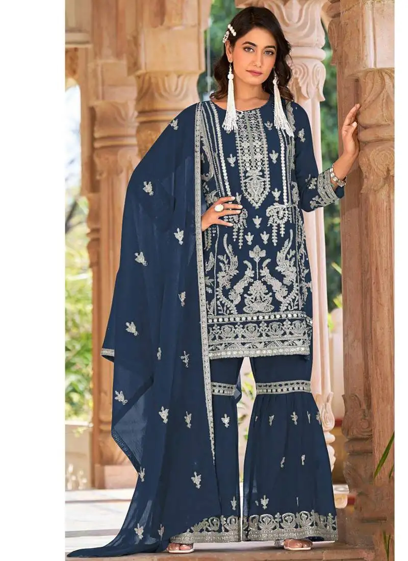 Summer wear blue organza embroidered palazzo suit for women semi stitched