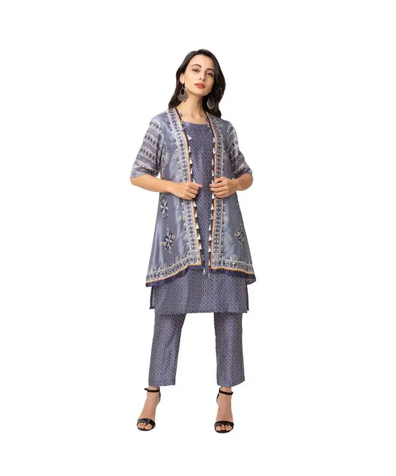 Printed kurta and pants with embroidered jacket