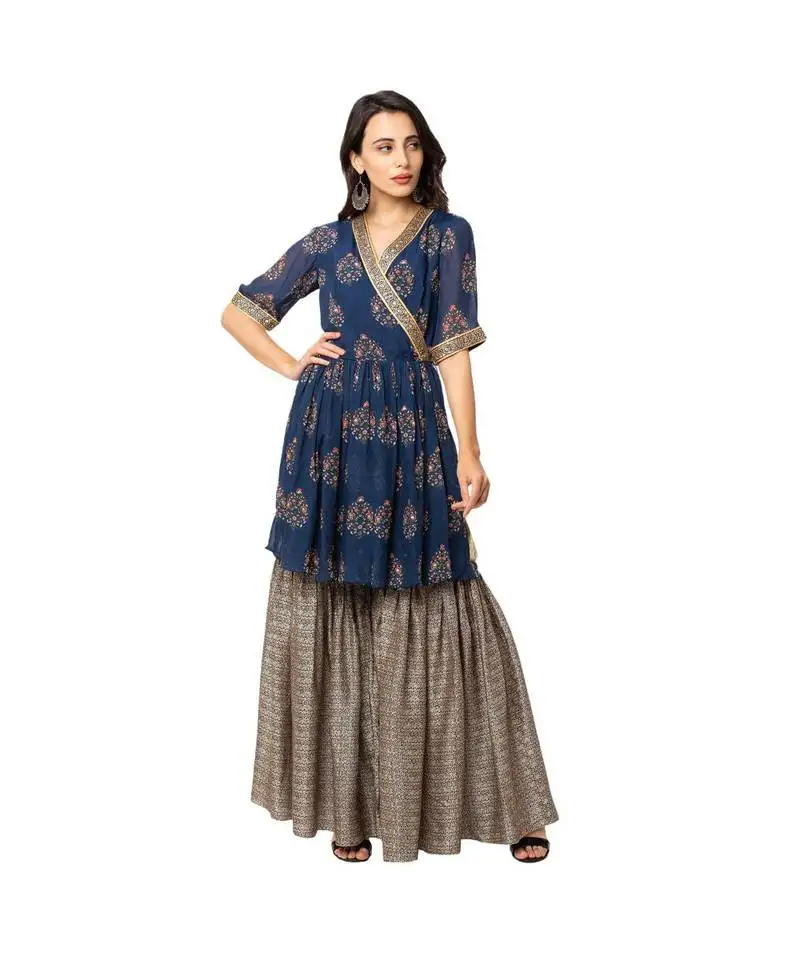 Blue flat chiffon printed kurta and sharara set