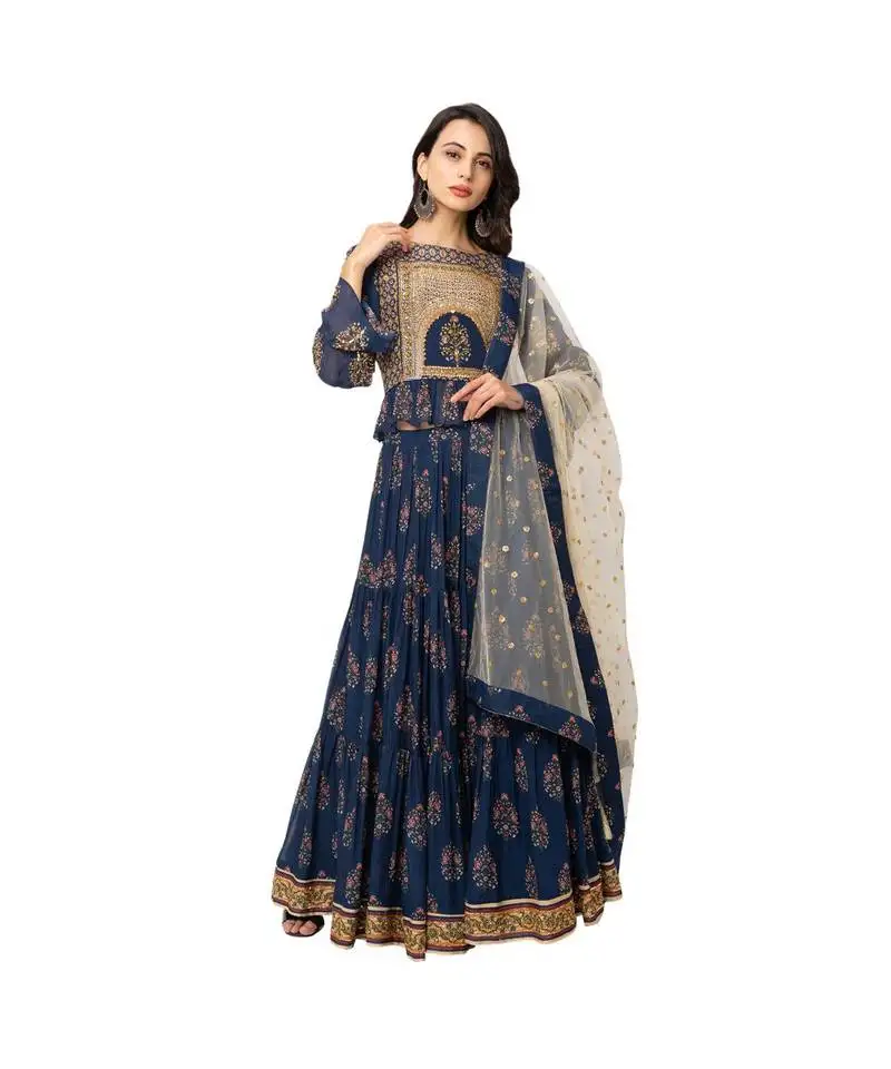 Blue flat chiffon printed lehenga set