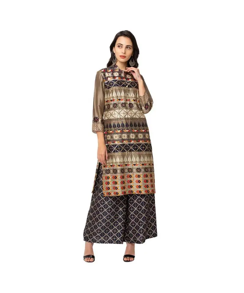 Embroidered kurta with printed palazzo pants