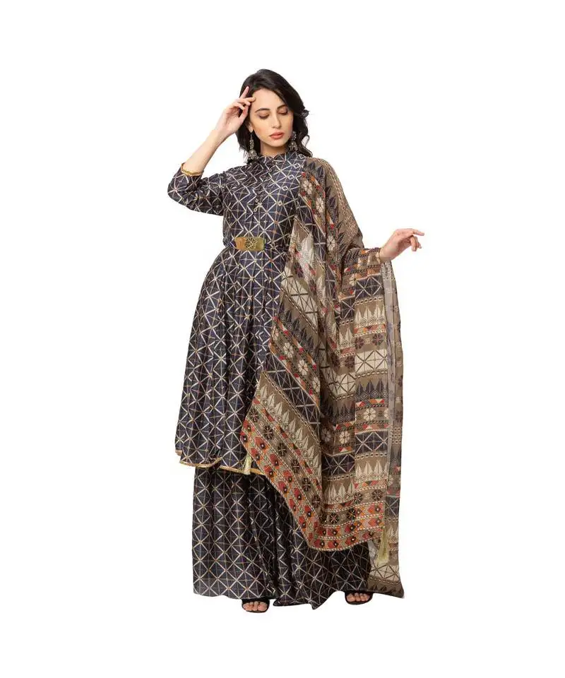 Printed tunic with flared pants and dupatta