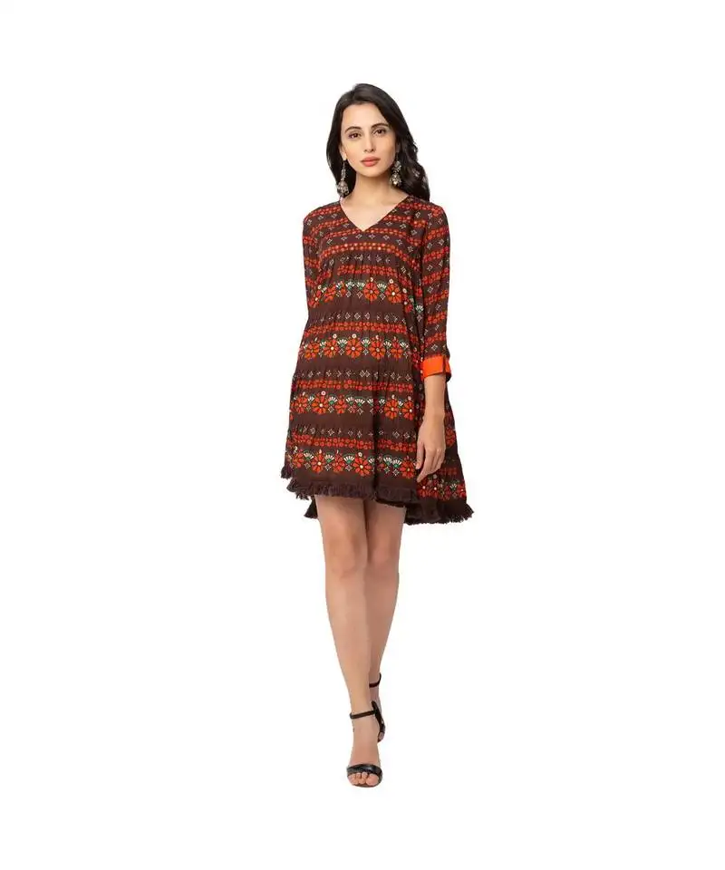 Brown cotton silk printed dress