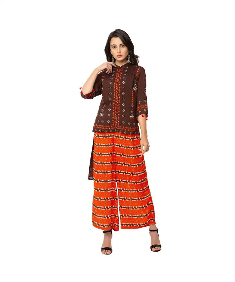 Coffee brown & rust orange pant set