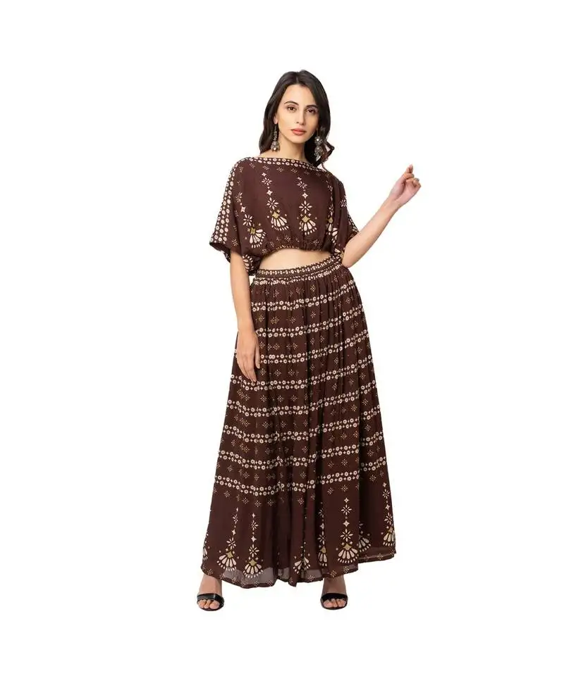 Brown cotton silk printed lehenga set