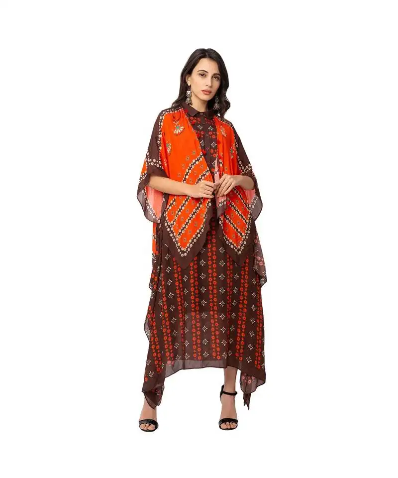 Rust orange dress with coffee brown kaftan jacket