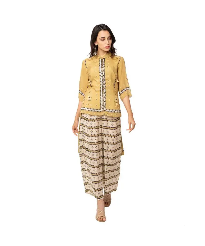 Yellow cotton silk printed kurta and palazzo set