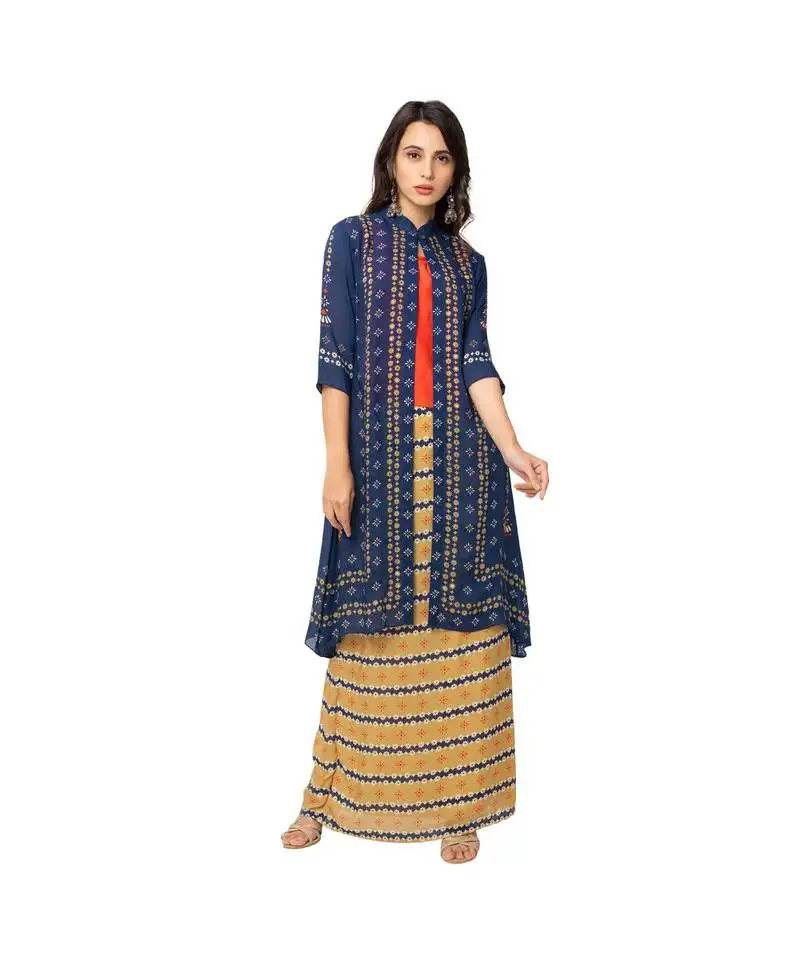 A line skirt paired with long jacket and top