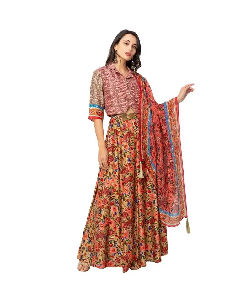 Yellow malaysian silk printed lehenga set