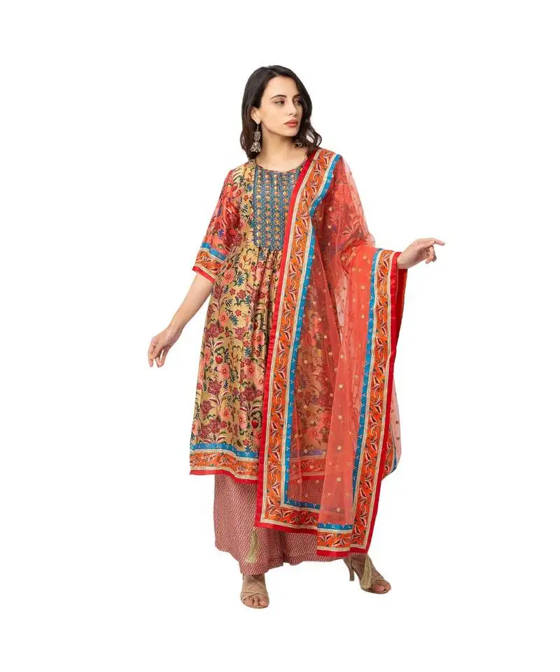 Red malaysian silk printed kurta set