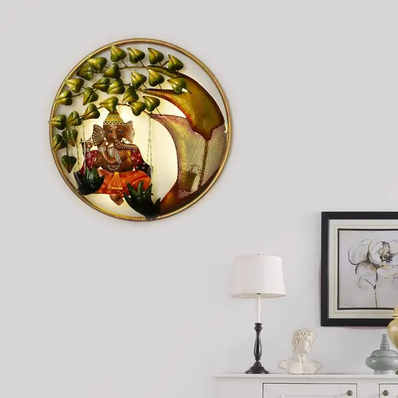 Ecraftindia handcrafted lord ganesha on swing under tree decorative iron wall hanging with background led's