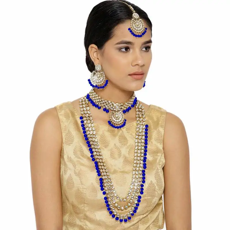 Traditional gold plated kundan pearl wedding choker bridal necklace set earrings & maang tikka for women