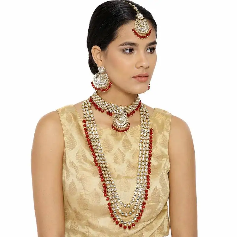 Traditional kundan pearl wedding choker bridal necklace set earrings & maang tikka for women