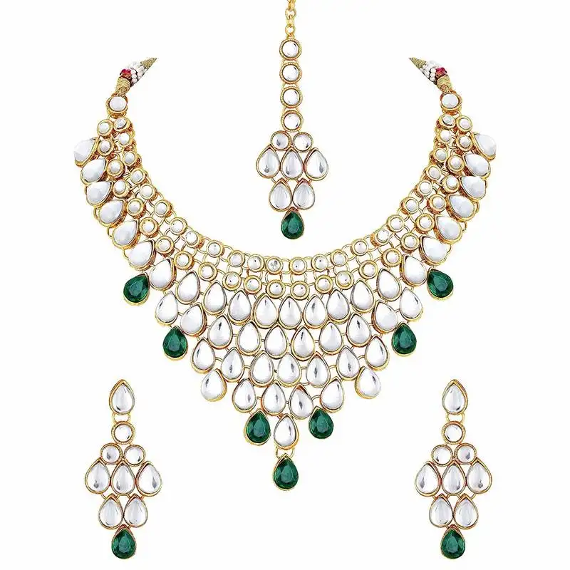 Traditional gold plated kundan bridal choker necklace set earrings & maang tikka for women