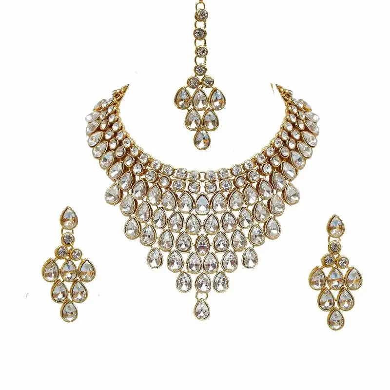 Traditional stone studded bridal choker necklace set earrings & maang tikka for women