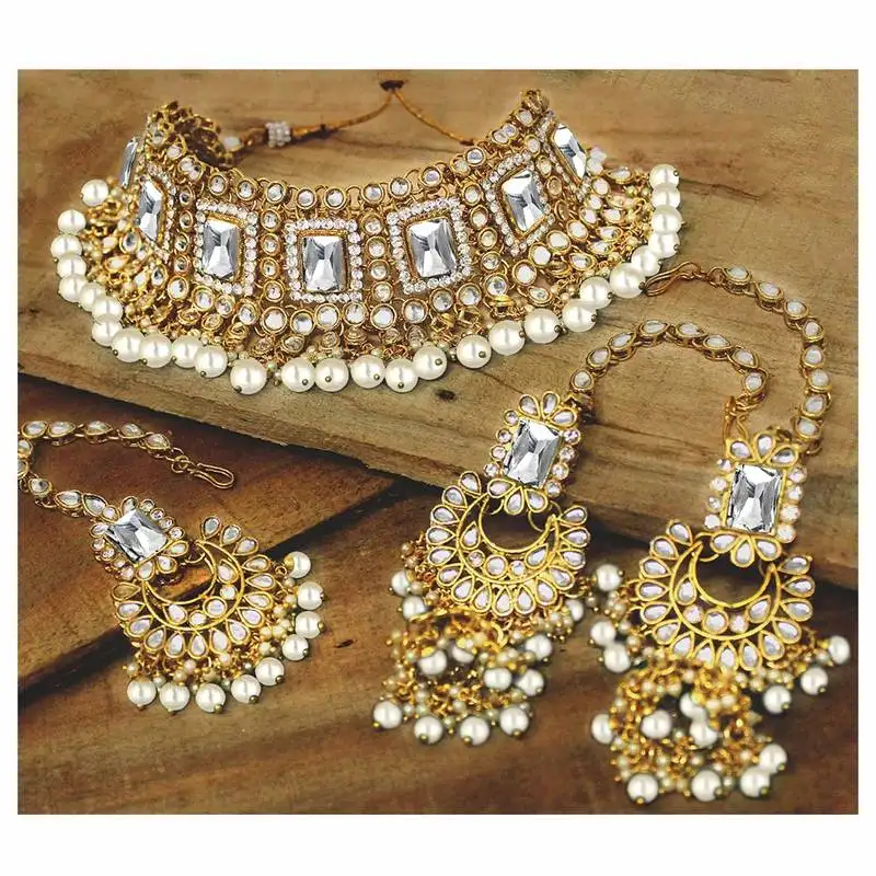 Traditional handcrafted faux kundan & pearl studded bridal necklace set with earrings & maang tikka