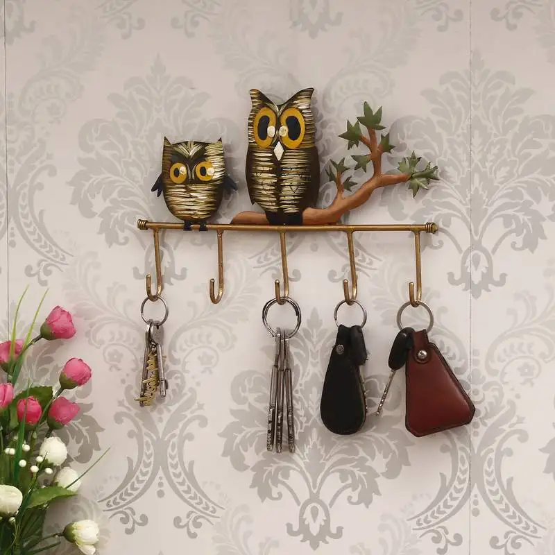 Ecraftindia owl theme colorful tribal art 5 hooks iron key holder