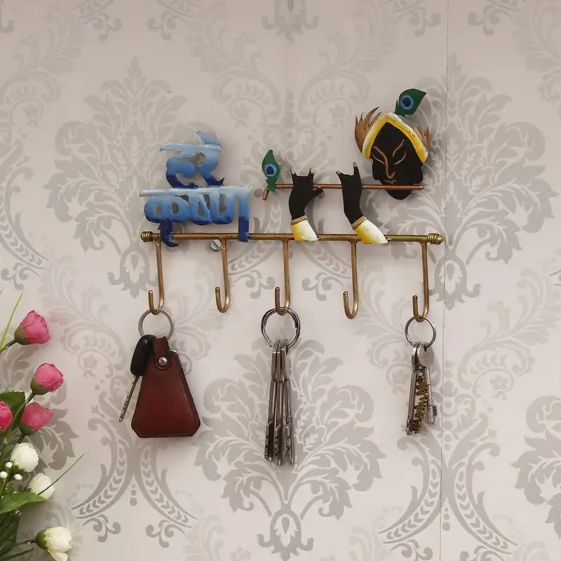 Ecraftindia hare krishna colorful tribal art 5 hooks iron key holder