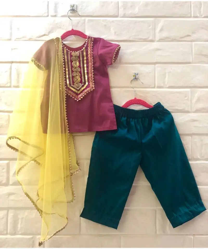 Magenta and green kurta pant set