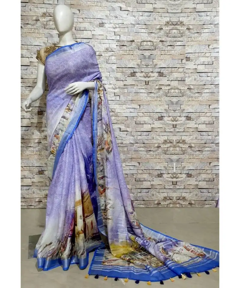 Blue floral print linen saree