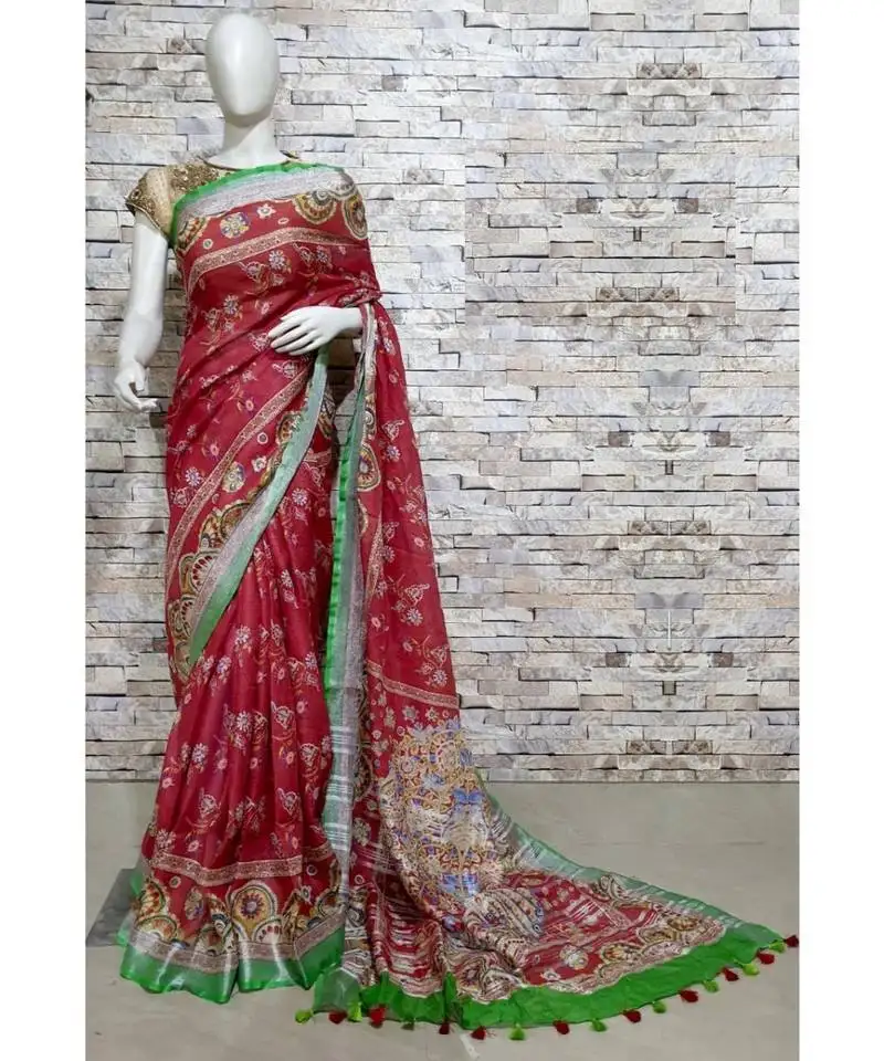 Red floral print linen saree