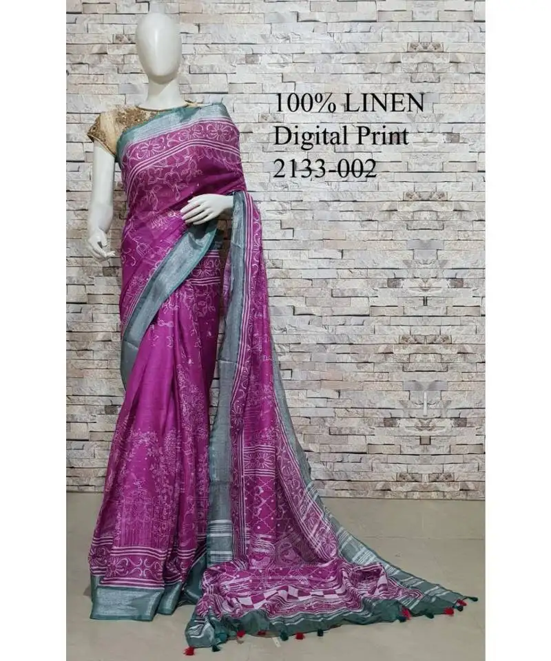 Purple floral print linen saree
