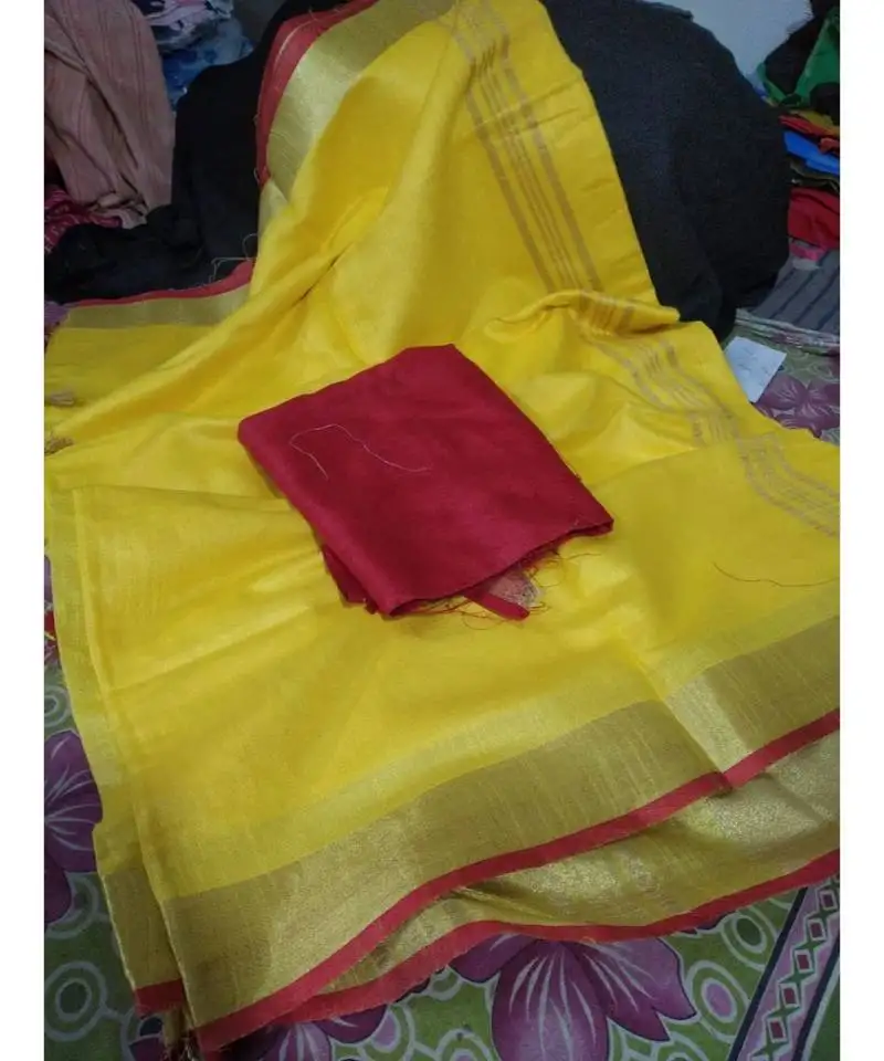 Yellow woven cotton handloom sarees with blouse