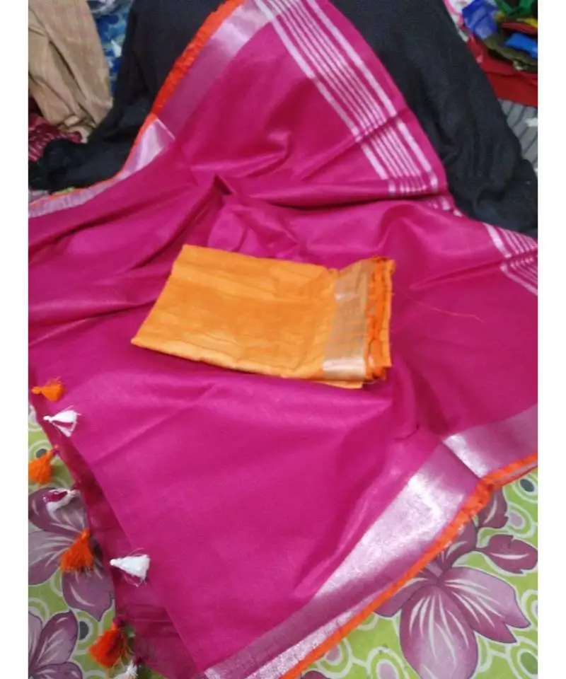 Pink woven cotton handloom sarees with blouse