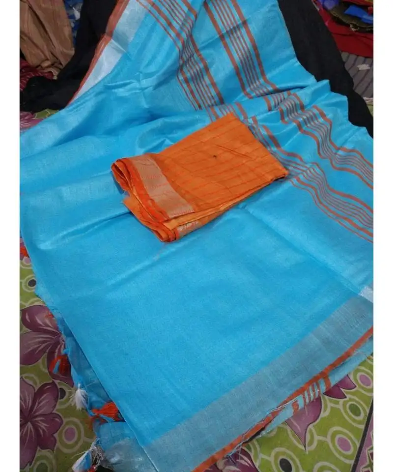 Blue woven cotton handloom sarees with blouse