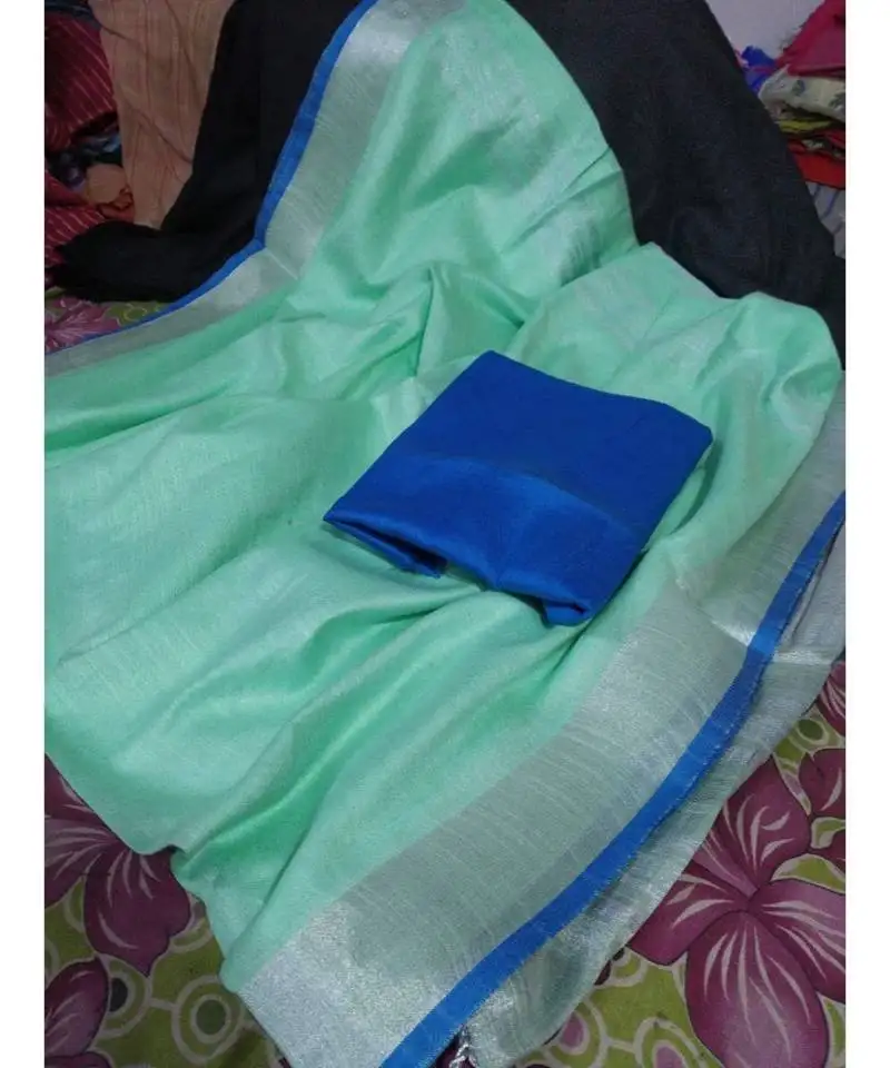 Turquoise woven cotton handloom sarees with blouse