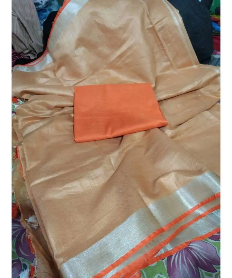 Orange woven cotton handloom sarees with blouse
