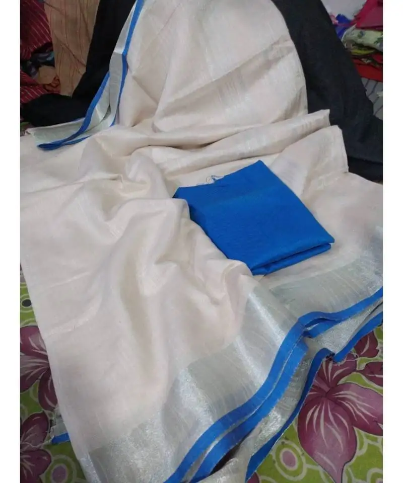 White woven cotton handloom sarees with blouse