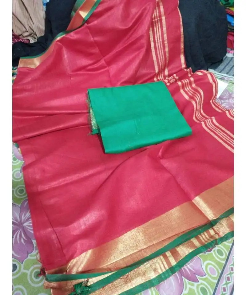Red woven cotton handloom sarees with blouse