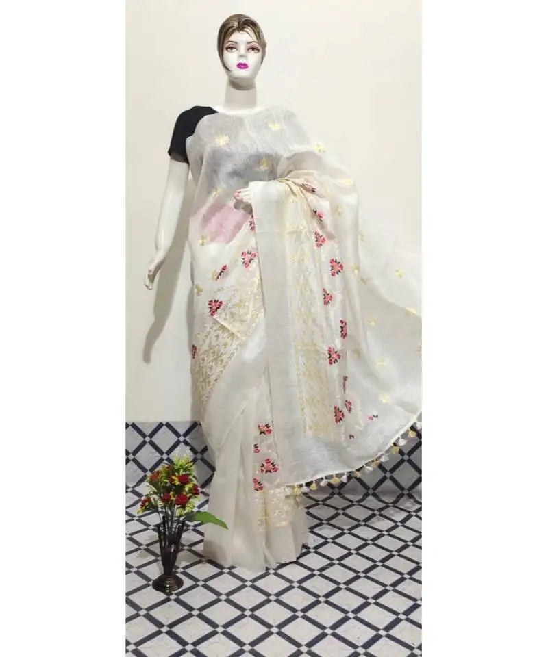 White handwoven silk linen saree with embroidery work