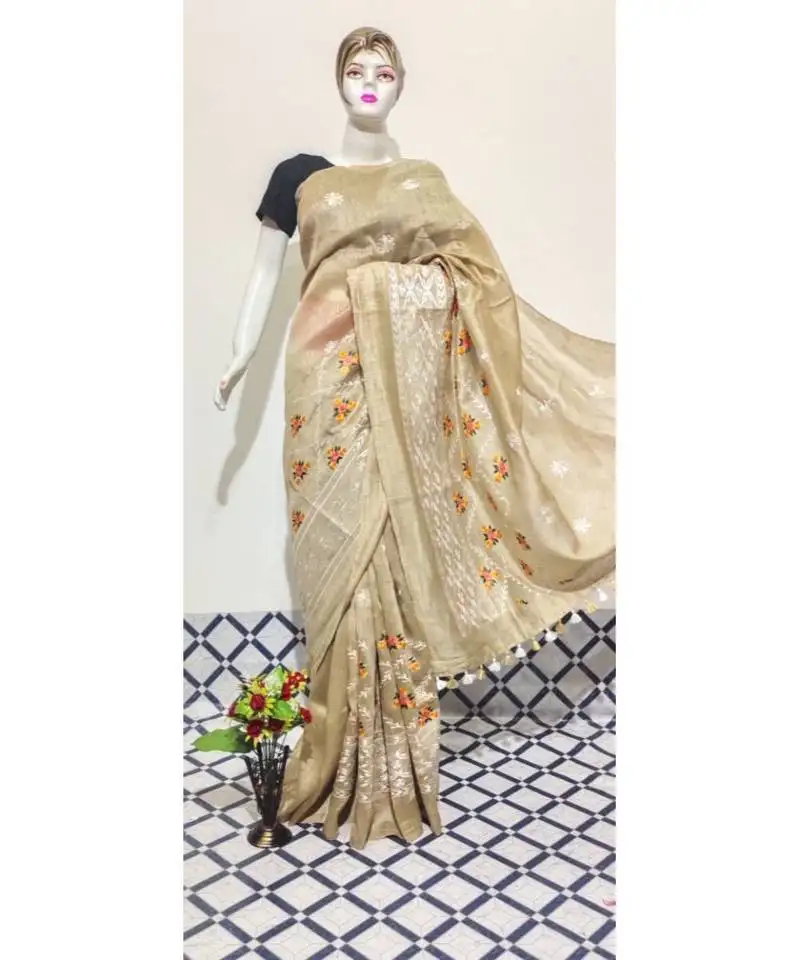 Brown handwoven silk linen saree with embroidery work