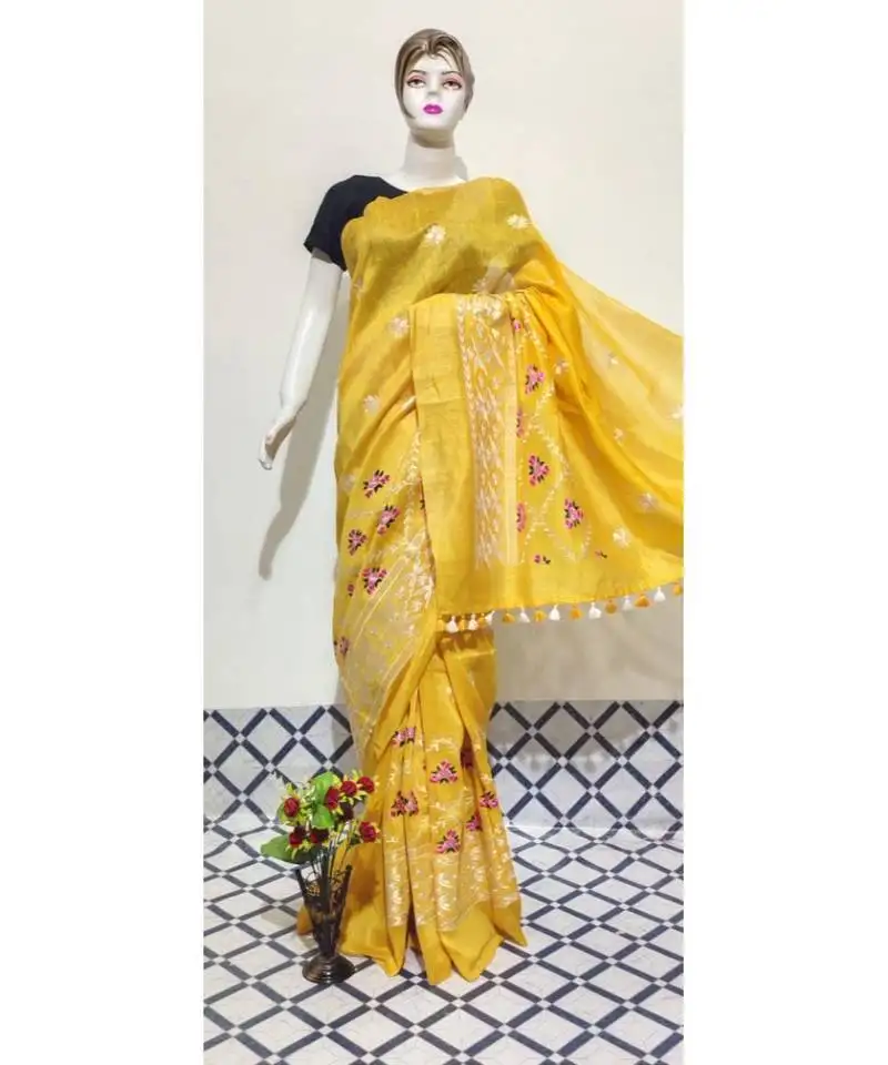 Yellow handwoven silk linen saree with embroidery work