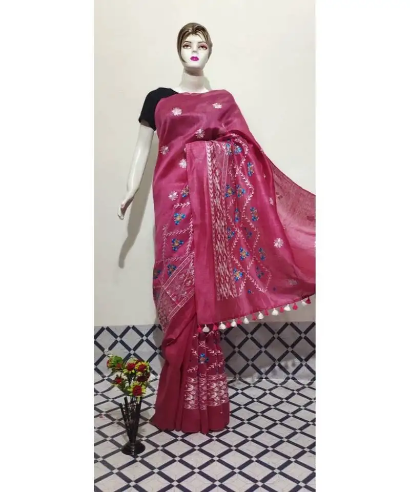 Red handwoven silk linen saree with embroidery work