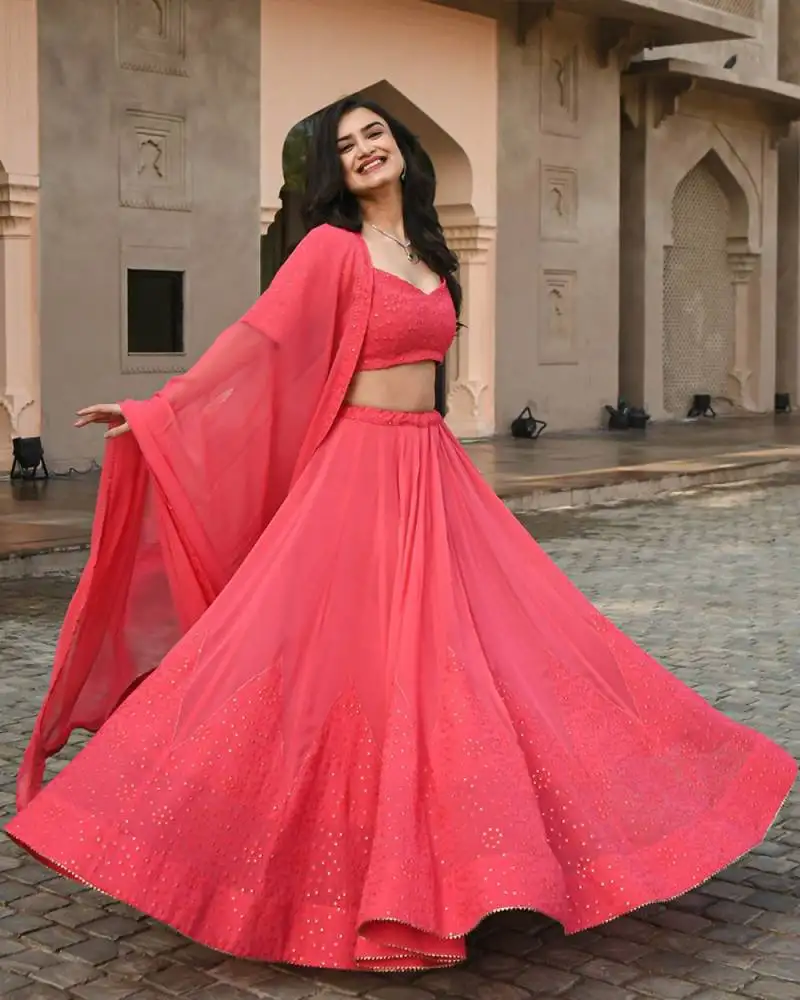 Gajri pink thread embroidered georgette indian party wear lehenga