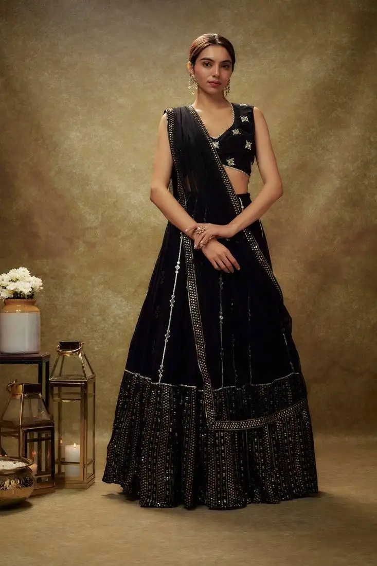 Glamorous black sequins embroidered georgette latest designs indian designer wedding lehenga choli dress