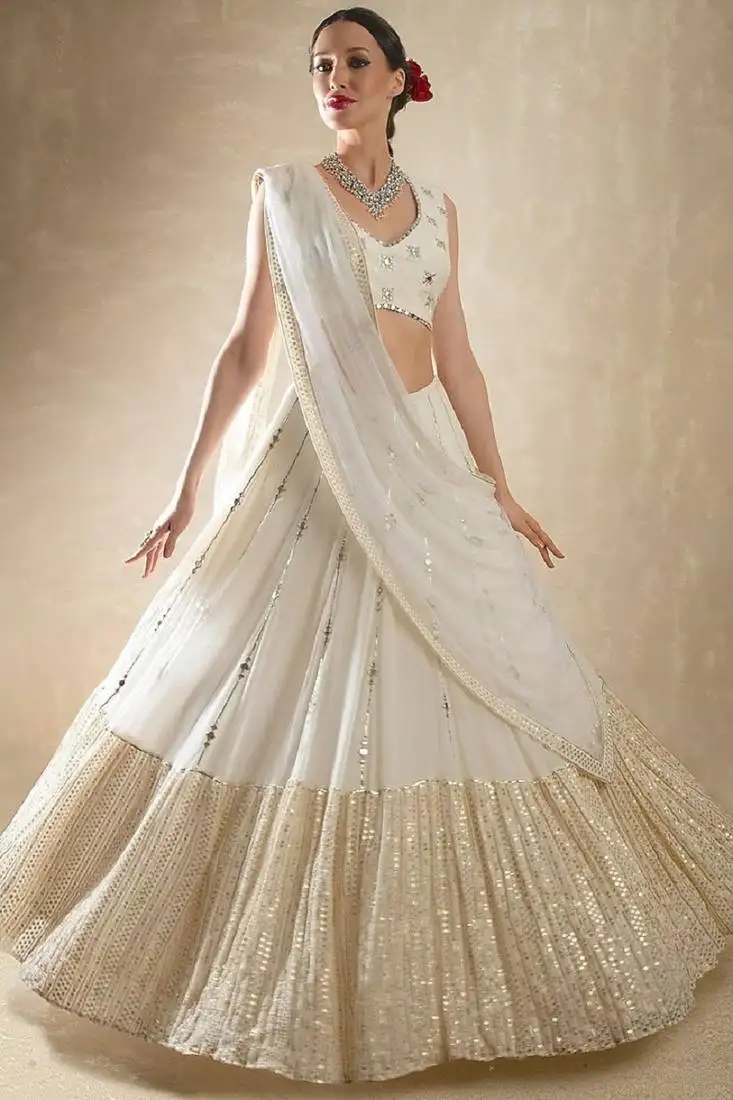 Delightful off white zari and sequins embroidered georgette indian lehenga choli dress
