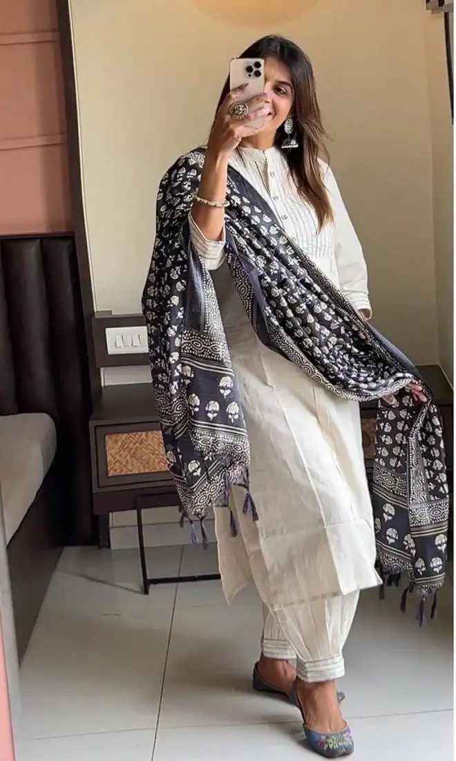 Off white khadi cotton kurta set with black printed dupatta