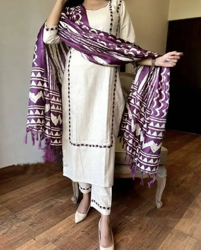 Off white cotton kurta set with purple ikat dupatta