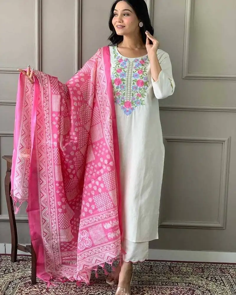 Off white khadi cotton kurta set with floral embroidery & pink khadi silk dupatta