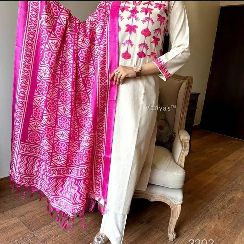 Off white south cotton embroidery kurta set with pink dupatta