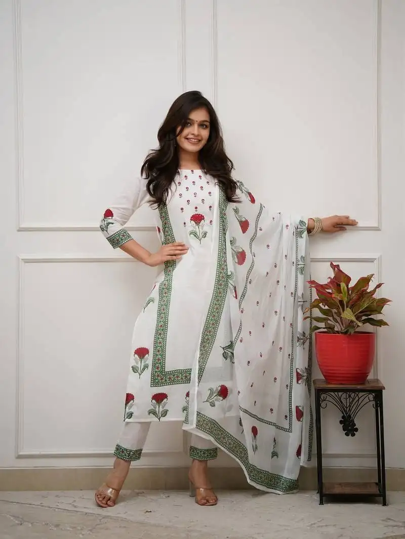White floral printed cotton kurta pant set with dupatta