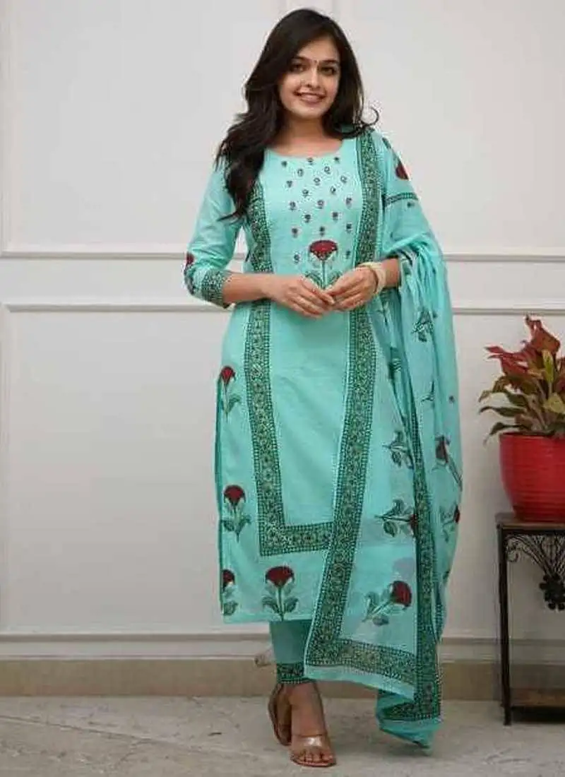 Aqua blue floral printed cotton kurta pant set with dupatta