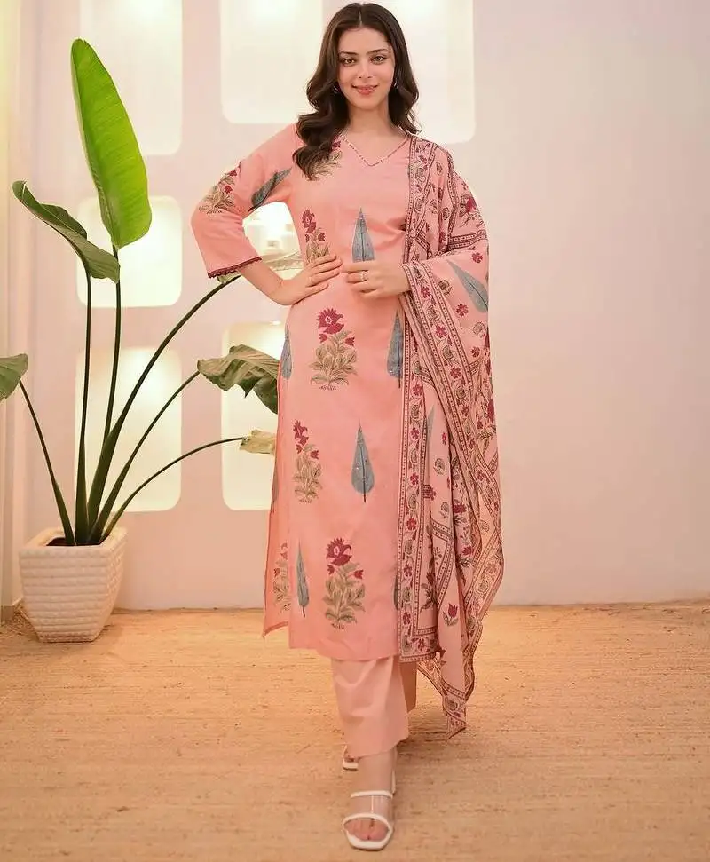 Peach floral printed cotton kurta pant set with dupatta