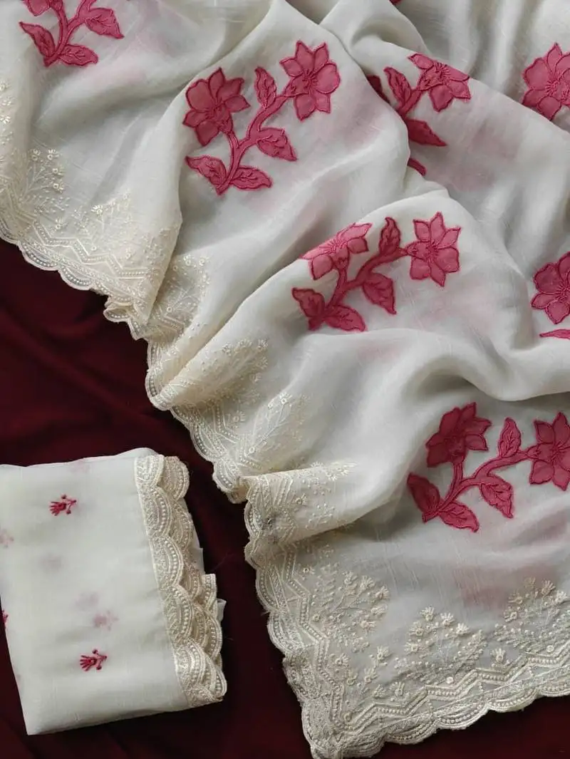 White premium crunchy silk blend saree with applique work pattern all over the saree with embroidery and scallop border