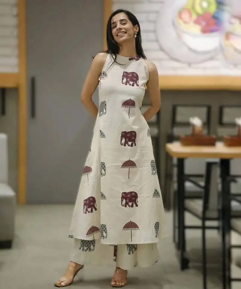 Off white elephant print cotton flex co-ord set