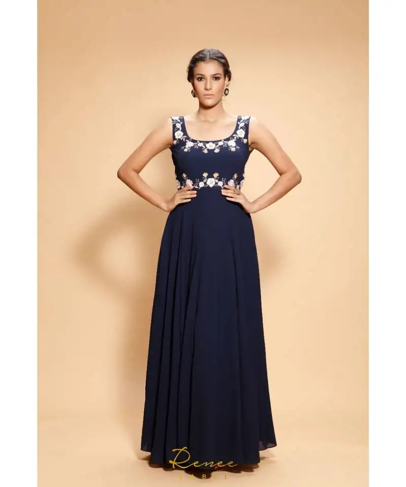 Blue embroidered georgette long gown